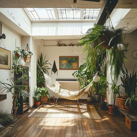 Serene indoor garden with hammock and potted plants, ideal for relaxation and reflection Room Hammock, Cozy Hammock, Garden Oasis, Garden Spaces, Sustainable Living, Indoor Garden, Potted Plants, Hammock, Natural Light