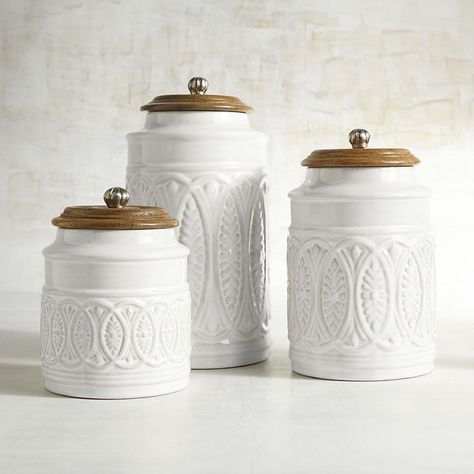 These are beautiful Ivory Farmhouse Canisters.  A great look for any kitchen.  #affiliate Farmhouse Kitchen Canisters, Farmhouse Canisters, Primitive Bathrooms, Tuscan Kitchen, Primitive Kitchen, French Country Kitchen, Primitive Decorating Country, Farmhouse Style Kitchen, Kitchen Canisters