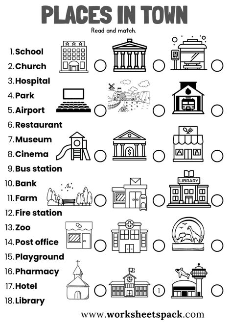 Places in Town Worksheets - worksheetspack Esl Places In Town, Esl Vocabulary Worksheets, Community Places Worksheets, My Town Activities, Place Worksheet, Kids Activity Sheets, City Activities, Places In The Community, Community Places