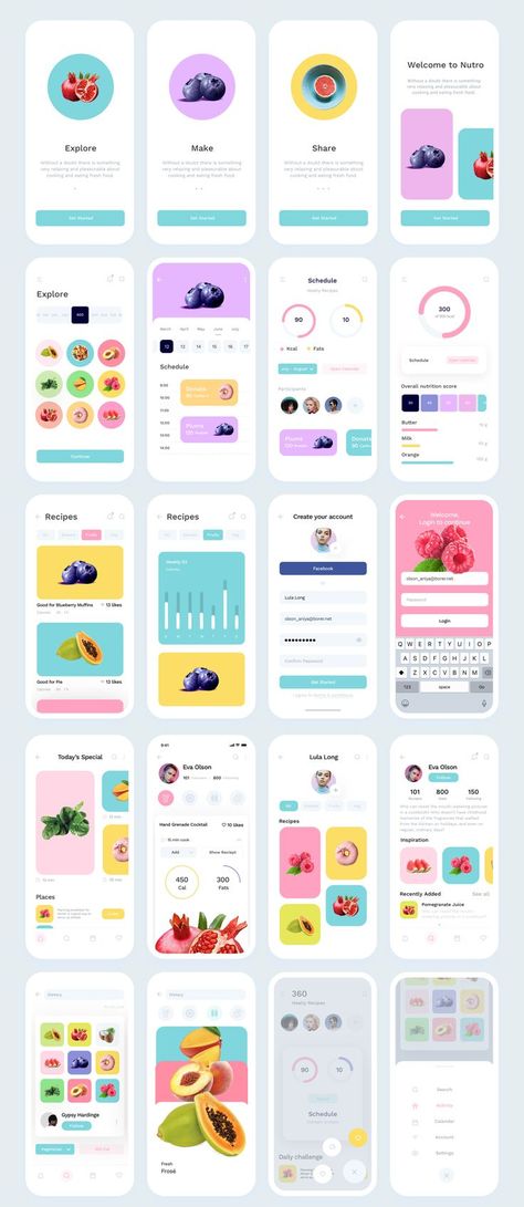 Nutro Super clean and minimalistic iOS UI Kit | Without a doubt, there is something very relaxing and pleasurable about cooking and eating fresh food. Nutro is the #iOS #UI Kit, perfect for the apps based on nutrition, calculator of calories, charts, and 3fitness. 30+ #screens for #iPhone XS. | #uidesign #uxdesign #appdesign #ux #userinterface #design #app #web #interface Ios Ux Design, Colourful App Design, Ux Design Accessibility, App Inspiration Design, To Do App Design, Nutrition App Design, Minimalistic App Design, Nutrition App Ui Design, Cool App Design