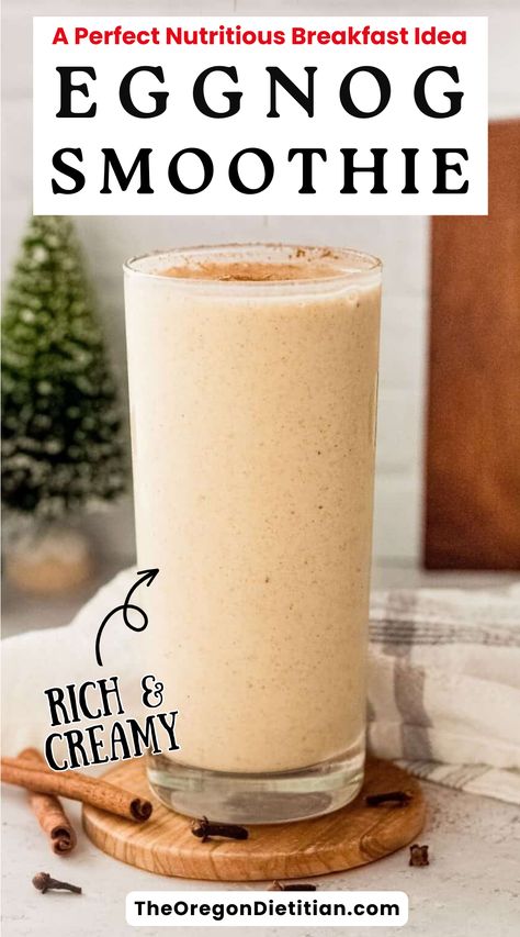 Enjoy the creamy goodness of my healthy eggnog smoothie. Made with nutritious ingredients like almond milk, bananas, protein powder and a touch of pumpkin pie spice, this guilt-free treat is the perfect way to satisfy your holiday cravings. Despite tasting like dessert, it’s nutritious enough to enjoy as a smoothie for breakfast. The rich and velvety texture pairs perfectly with the warm spices, creating a festive and comforting drink. #smoothie #festivedrinks #breakfastsmoothie Eggnog Smoothie Healthy, Morning Milkshake Breakfast, Winter Smoothie Recipes Healthy, Christmas Smoothie Recipes, Grinch Smoothie, Sugar Free Eggnog, Holiday Smoothie Recipes, Eggnog Milkshake, Eggnog Smoothie