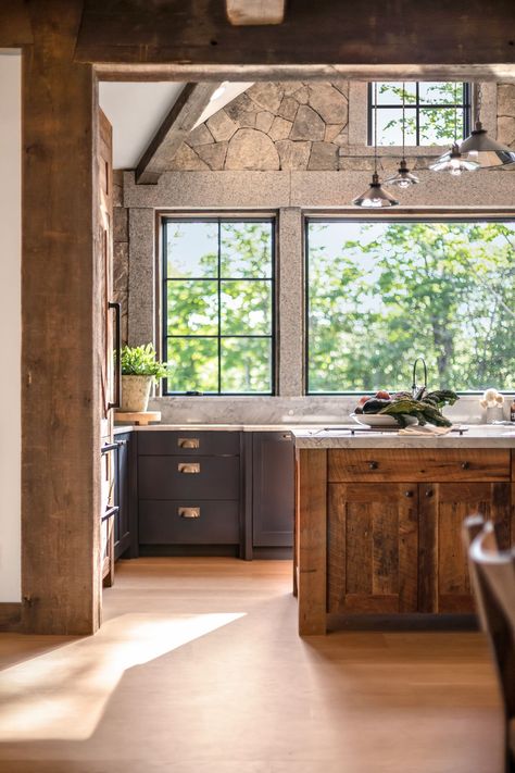 Black Mantle Fireplace, Vermont Mountains, Black Mantle, Mantle Fireplace, Gothic Love, Timber Frame House, Condo Interior Design, Condo Interior, Cabin Kitchens