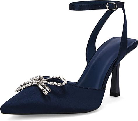 Amazon.com | Coutgo Womens Rhinestone Bow Heels Pumps Kitten Heel Pointed Toe Rhinestone Bow Heels Wedding Dress Shoes Navy | Shoes Navy Blue Shoes Heels, Bow Heels Wedding, Rhinestone Bow Heels, Blue Shoes Heels, Navy Pumps, Navy Blue Heels, Navy Blue Shoes, Closed Toe Heels, Heels Wedding