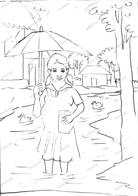 A girl going to school raining day Monsoon Season Drawing, Human Figure Artists, Hard Drawings, Drawing Themes, Raining Day, Pencil Drawings Of Animals, Drawings Of Animals, Monsoon Season, Drawn Map