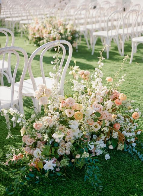 Wedding Floral Ceremony Backdrop, Pastel Flower Arch Wedding, Garden Inspired Wedding Flowers, Summer Wedding Aisle Flowers, Colorful Floral Installation, 2024 Wedding Florals, Wedding Ceremony Flower Ideas, Garden Party Wedding Aisle, Garden Party Ceremony