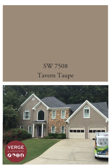 Tavern Taupe looks perfect on this stucco house in Acworth. Turns out really nice for one of our favorite clients. : #swcolorlove #sw7508 #taverntaupe Tavern Taupe Sherwin Williams Exterior, Dark Brown Stucco House Exterior, Sw Tavern Taupe, Taupe Stucco House Exterior, Tan Stucco House Exterior, Tavern Taupe Sherwin Williams, Taupe Exterior House Colors, Taupe House Exterior, Taupe Exterior Paint Colors For House