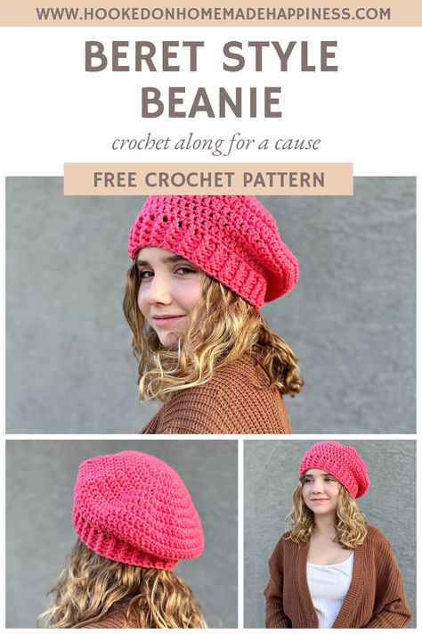 Beret Style Beanie Crochet Pattern - Hooked on Homemade Happiness Berat Hat Crochet, Womens Hat Crochet Pattern, Crochet Slouchy Beret, Baret Hat Crochet Pattern, Crochet Hat For Women Free Pattern, Beret Free Crochet Pattern, Slouchy Beret Crochet Pattern Free, Crochet Barret Hat Pattern Free, Crochet Beanie Women