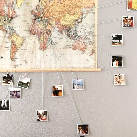 World Map Pictures Wall, Travel Map Diy Pin Boards, Map On Wall, World Map With Pins, Travel Photo Wall, Art Diy Ideas, Diy Map, Travel Gallery Wall, Travel Room