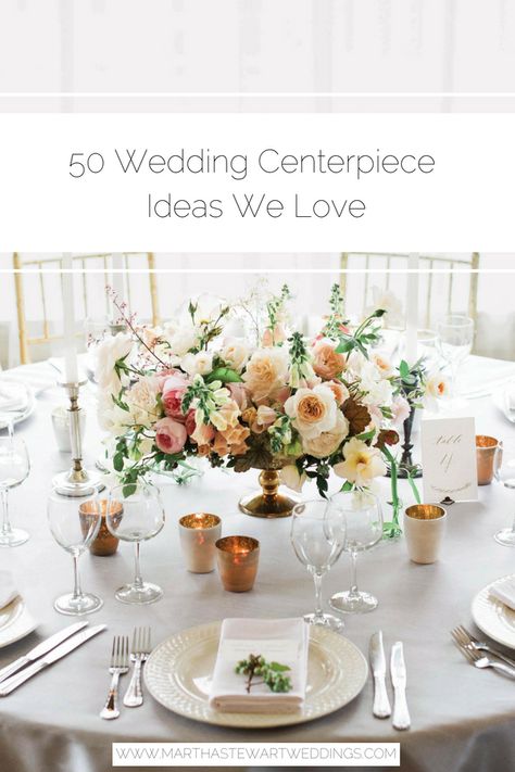 50 Wedding Centerpiece Ideas We Love | Martha Stewart Weddings - Get inspired by these flower arrangements before decorating your reception tables. #weddingdecor #weddingflorals #centerpieceideas Round Wedding Tables, Wedding Reception Flowers, Wedding Floral Centerpieces, Reception Centerpieces, Wedding Table Flowers, Reception Flowers, Martha Stewart Weddings, 50th Wedding, Candle Centerpieces