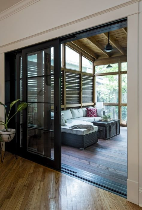 Porch Sliding Doors, Screened In Porch With Fireplace, Bedroom Patio Doors, Sliding Window Design, Exterior Home Makeover, Porch Pictures, Porch With Fireplace, Sliding Doors Exterior, Sliding Screen Doors