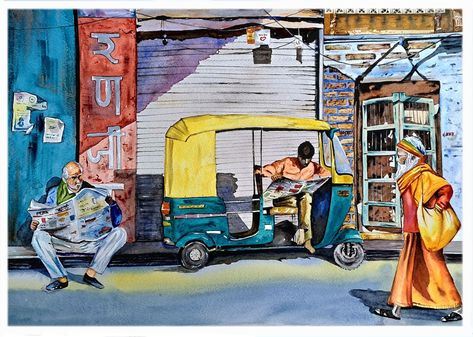 A ecstatic visual of a morning in the historical city of Banaras. Premium  Watercolor on 300 GSM cannon watercolor paper. Watercolor Painting For Competition, 3 Figure Composition Painting, Watercolor Painting Composition, Daily Life Illustration Drawings, Indian Composition Painting, Picture Composition Painting, Composition Watercolor Painting, Simple Composition Painting, Watercolour Composition Painting