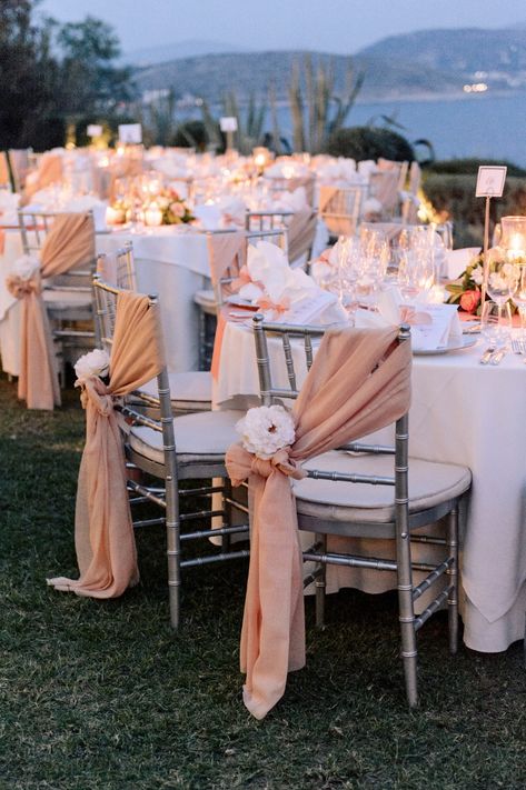 Gallery - Classic Romance Wedding With All The Trimmings in Greece Peach Table Centerpieces, Rustic Wedding Decorations, Wedding Tableware, Wedding Chair Decorations, Wedding Chair, Table Set Up, Peach Wedding, Wedding Dinner, Chair Decorations