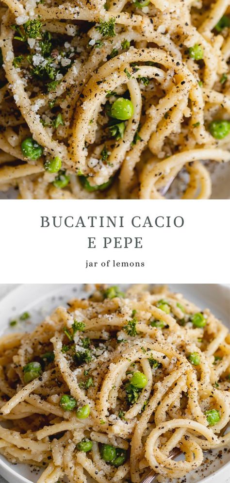 Two images of bucatini on a white plate. Busiati Pasta Recipes, Easy Bucatini Recipes, Fancy Dinner Recipes Vegetarian, Pearl Pasta Recipes, Pici Pasta Recipes, Tagliatelle Recipe Vegetarian, Caccio And Peppe, Peas Pasta Recipe, Vegetarian Sunday Dinner