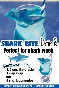 This Shark Bite Drink is a must-make shark week drink. An ocean water drink that even has a shark gummy inside. A sippable and refreshing shark-themed drink. Shark Bite Drink, Shark Bite Drink Recipe, Ocean Water Drink, Shark Week Drinks, Shark Week Recipes, Shark Week Party, Fun Drink Recipe, Shark Themed Birthday Party, Drink Recipes Nonalcoholic