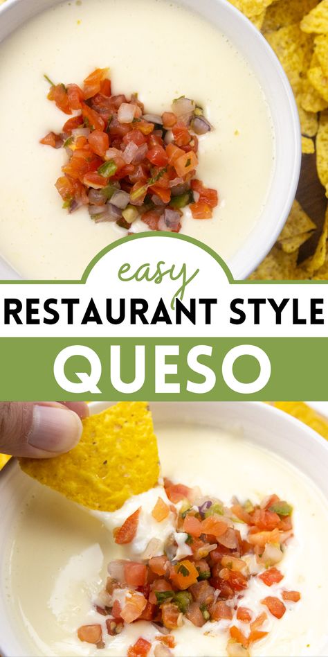 This Restaurant Style Queso Dip is my favorite! This queso blanco recipe only takes 15 minutes to make. Heat milk on the stove top, then mix in American white cheese, and seasoning to make this easy white cheese queso dip. Leftovers warm up so easily in the microwave. Restaurant Style Queso Blanco, Quick And Easy Queso Dip, How To Make White Queso Dip, Homade Queso, Queso Dip Evaporated Milk, Mild Queso Dip, Easy White Cheese Queso Dip, Homemade Mexican Cheese Dip, Diy Queso Dip