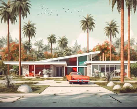 Mid Century Modern Architecture 1950s, Mid Century Modern House Sims 4, 70’s House Exterior, Sims 4 Mid Century Modern, Retro House Exterior, 70s Home Exterior, Mid Century House Exterior, 70s House Exterior, Modern Mid Century House