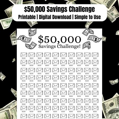 50000 Savings Challenge Printable, 100 Envelope Challenge Printable, Money Savings Challenge, 50k Savings Tracker, Instant Download 50000 Savings Challenge, 50k Savings, Financial Discipline, 100 Envelope Challenge, Saving Money Chart, Envelope Challenge, Money Tracker, Printable Money, Money Chart