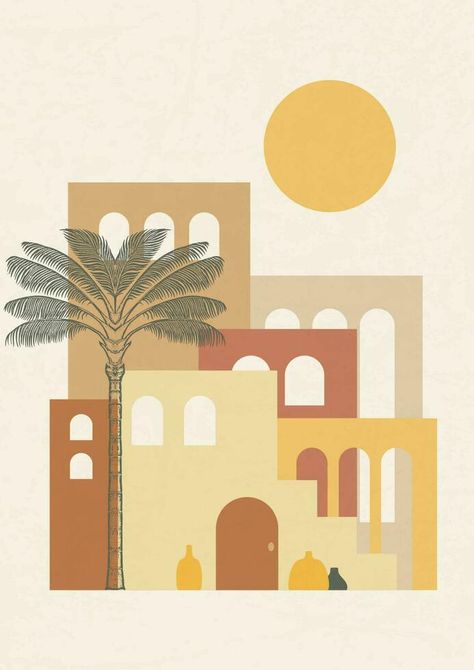 Morocco architecture under sunlight poster illustration. Modern aesthetic illustrations. Boho style artistic design for wall decoration Boho Painting Bedroom, Boho Building, Marrakech Aesthetic, Architecture Poster Design, Morocco Graphic Design, Japandi Illustration, Marrakech Morocco Aesthetic, Morocco Illustration, Boho Architecture