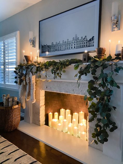 Faux Fireplace Candle Ideas, Faux Fireplace Ideas With Tv, Sealed Fireplace Ideas, Christmas Fake Fireplace, Ambient Living Room Lighting, Unused Fireplace Decor, Nonworking Fireplace Ideas, Fake Mantle Ideas, Fake Fireplace Ideas Living Rooms