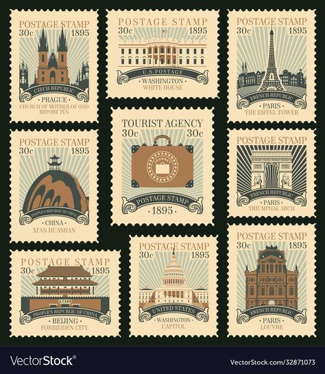 Vintage Travel Stamp, Postcard Stamps Vintage, Aesthetic Travel Stickers, Vintage Stamp Illustration, Old Stamps Vintage, Travel Around The World Illustration, Post Stamp Design, Stamps Aesthetic, Around The World Illustration