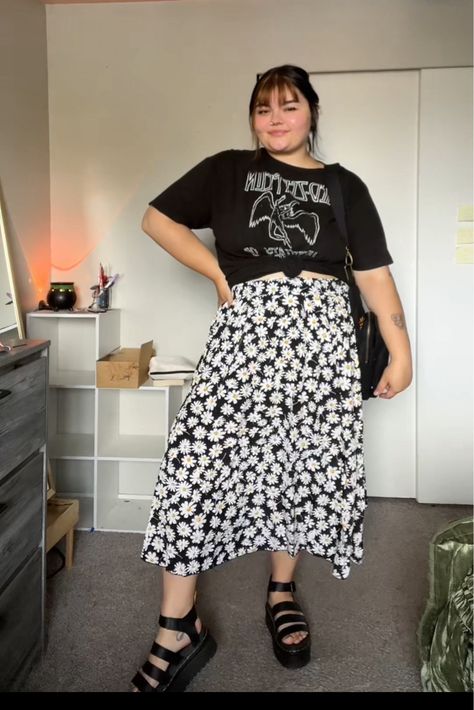 Women's Plus Size Skirts Allover … curated on LTK Plus Oversized Shirt Outfit, T Shirts And Skirts Outfit, Plus Size Skirt Outfits Casual, Size 16 Outfits Curvy Fashion, Long Skirt Doc Martens Outfit, Plus Size Alt Fashion Summer, Cottage Core Outfits Plus Size, Mid Size Skirt Outfit, Mid Size Grunge Outfits