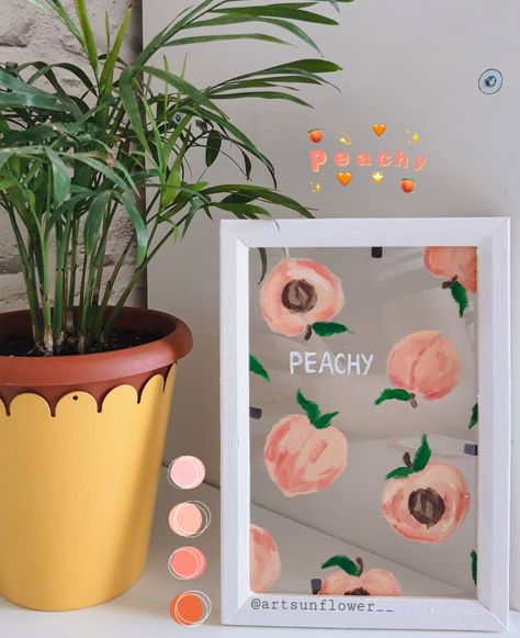 Peach glass with frame painting Painting On Bathroom Wall, Glass Frame Painting Ideas, Frame Glass Painting, Glass Frame Painting, Painting On Glass Frame, Glass Painting Acrylic, Mirror Paintings, Mirror Painting Ideas, Bathroom Outlet