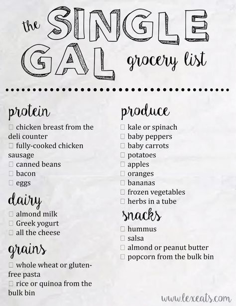 The Single Gal's Grocery List from lexeats.com. Don't waste food and don't get stuck with leftovers you won't eat! Healthy Grocery List On A Budget For One, Easy Grocery List For Two, High Protein Grocery List Meal Prep, How To Grocery Shop, College Grocery List, Budget Grocery List, Living On Your Own, Cheap Grocery List, College Grocery