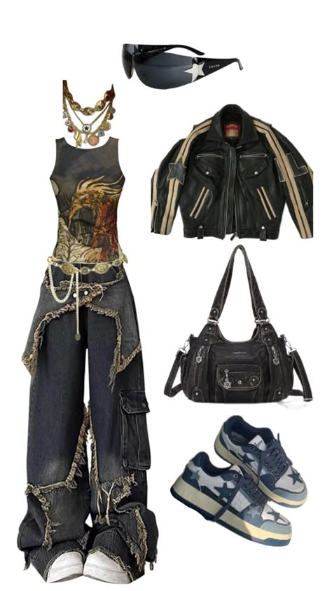 Sag rising, venus outfit inspo. Y2K. Baggy jeans, tank top, jewelries, waist chain, star boots, bags Y2k Star Outfit, Y2k Tank Top Outfit, Star Jeans Outfit, Hazel Core, Deftones Concert, Bratz Fits, Sag Rising, Man Fits, Outfit Inspo Y2k