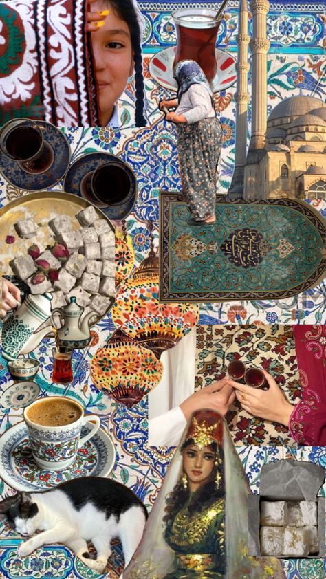 Pictures of Turkish culture that include a mosque, cat, ottoman woman, Turkish tea, turkish coffee, turkish delight, a person pouring tea Turkish Theme, Turkish Interior Design, Turkish Interior, Turkish Aesthetic, Turkey Culture, Asia Aesthetic, Tropical Aesthetic, College Walls, Turkish Culture