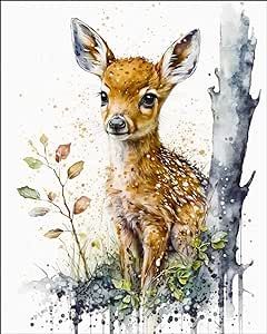 Wildlife Nursery Woodland Animals, Simple Deer Painting, Elk Watercolor Painting, Watercolor Fairies, Baby Deer Art, Playroom Bathroom, Deer Paintings, Watercolor Woodland Animals, Nursery Animal Art