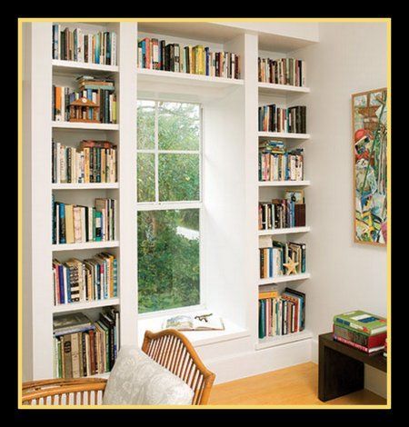 floor to ceiling bookcase | Floor to Ceiling Bookcases with windowseat. I love this idea perhaps ... Floor To Ceiling Bookshelves, Storage Solutions Bedroom, Bathroom Idea, Home Libraries, Built In Bookcase, Library Design, A Living Room, Home Library, Guest Bathroom