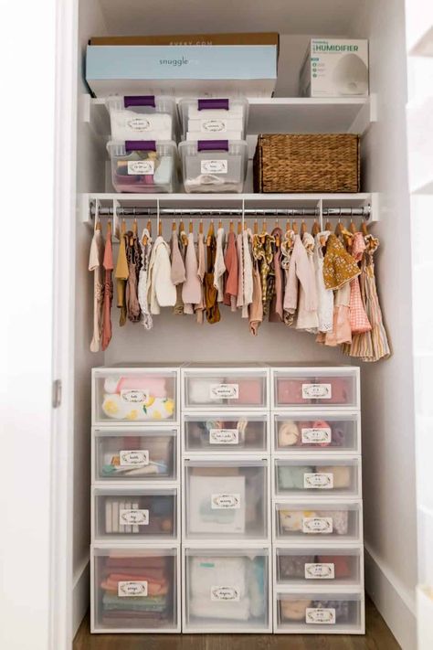 The 15+ Best Nursery Closet Organizers that Maximize Space - One Sweet Nursery Organize Nursery Closet, Small Closet Nursery Organization, Baby In Parents Room Ideas, Rainbow Baby Room Nurseries, Small Baby Closet Organization, Baby Friendly Living Room, Rainbow Baby Nursery Ideas, Nursery In Bedroom, Nursery Room Layout