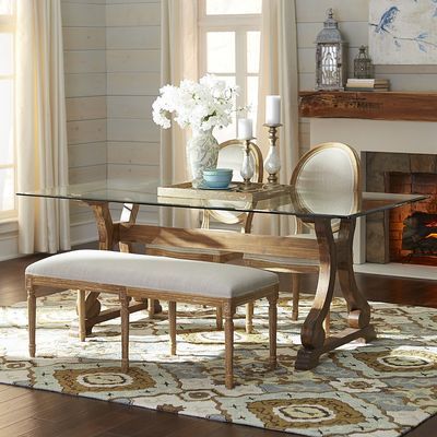 Marchella Java Rectangular Table @Pier1. #wishlist Glass Dining Table With Bench, Glass Top Dining Table Decor, Glass Dining Table Decor Rectangular, Glass Dining Table Rectangular, Glass Dining Table Decor, Glass Dinning Table, Farmhouse Style Kitchen Table, Wooden Dining Room Table, Dining Corner