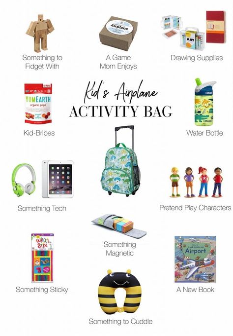 Magnetic, pretend play & tech toys — so many fun things to pack for kids in their travel bags. If you're flying with kiddos soon, here's your packing list. Kids Airplane Activities, Flying With A Toddler, Kids Travel Activities, Airplane Activities, Travel With Baby, Airplane Kids, Activity Bags, Flying With Kids, Travelling With Kids