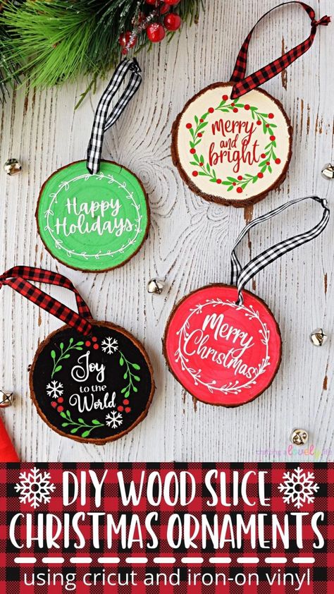 Easy Cricut Projects For Beginners Christmas, Fundraiser Craft Ideas, Diy Round Wooden Christmas Ornaments, Diy Christmas Ornaments Using Cricut, Wood Slice Ornament Ideas Cricut, Sliced Wood Ornaments Diy, Cut Wood Ornaments With Cricut, Wood Cricut Ornaments, Cricut Projects Ornaments