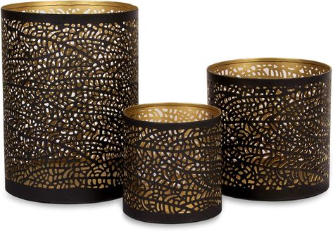 Amazon.com: Lazy Gifts Set of 3 Black and Gold Metal Decorative Hurricane Votive Candle Holders . Elegant Lantern Style Centerpiece - Accents for Weddings Functions and Home décor Room : Home & Kitchen Fireplace Candle, Fireplace Candle Holder, Glass Tealight Candle Holders, Candles In Fireplace, Black Candle, Lantern Candle Decor, Gifts Set, Metal Candle Holders, Wedding Function