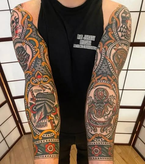 Frame Style Tattoo, American Traditional Geometric Tattoo, Framed American Traditional Tattoo, Framed Sleeve Tattoo, American Traditional Framed Sleeve, Full Traditional Sleeve, Men’s Traditional Tattoo Sleeve, American Traditional Body Suit Tattoo, Old School Leg Sleeve