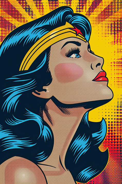 Retro Wonder Woman, Roy Lichtenstein Pop Art Artworks, Wonder Woman Comics Vintage, Wonder Woman Art Drawings, Vintage Pop Art Woman, Pop Art Wonder Woman, Wonder Woman Illustration, Wonder Woman Wallpaper, Ichigo Hollow Mask