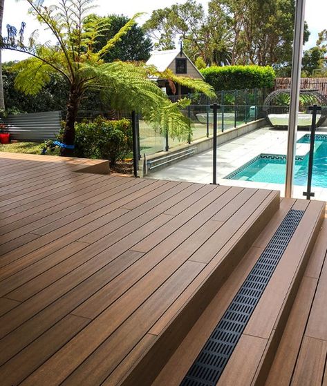 Massive transformation on this outdoor dining area. Our QWICKBUILD® aluminium framing system was used for the full subframe as well as the stairs. All finished off with our Caribbean RESORTDECK® composite decking board and our matt black QWICKGRATE® Tile Over Decking, Composite Deck Ideas, Japanese Patio, Prairie Style Architecture, Stone Deck, Outdoor Living Deck, Deck Inspiration, Deck Framing, Deck Flooring