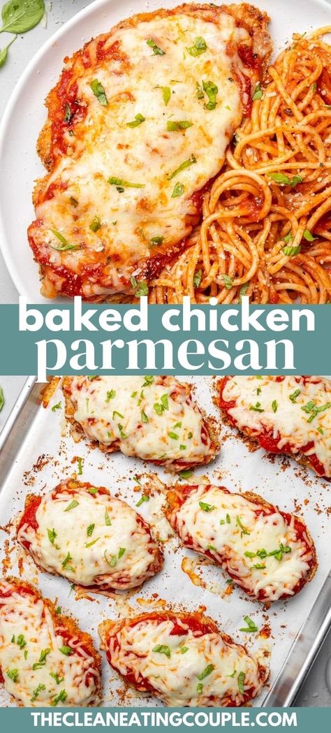 This Baked Chicken Parmesan recipe is so easy to make! Perfectly crispy, coated with a delicious sauce and cheese for a healthy dinner! Serve with pasta or a salad for a healthy dinner. You can make it with chicken breasts or tenders! Baked Chicken Parmesan Recipe, Chicken Parmesan Recipe Baked, Healthy Chicken Parmesan, Resep Pasta, Chicken Parmesan Recipe, Parmesan Recipe, Fast Dinner Recipes, Baked Chicken Parmesan, Salad Pasta