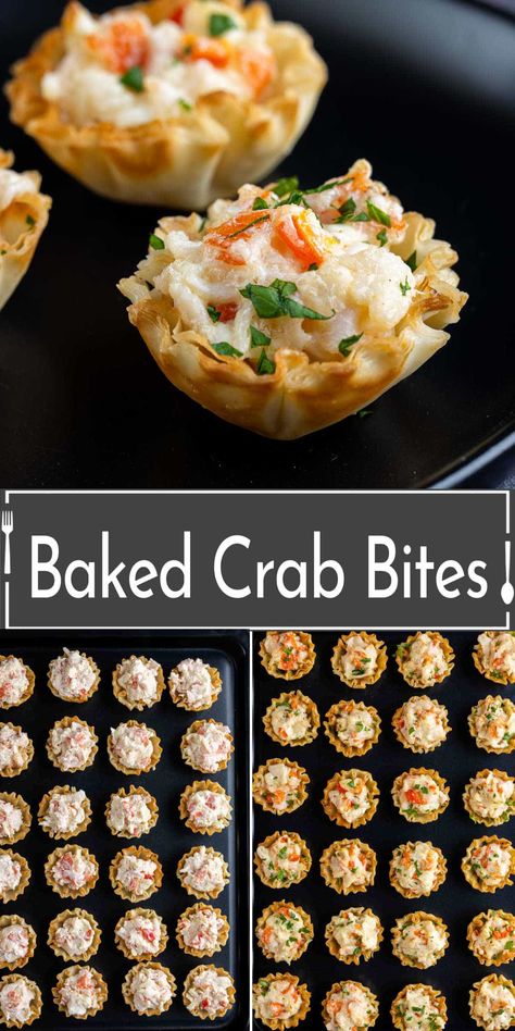 These easy Baked Crab Bites make for the ultimate bite-sized appetizer at parties. The combination of a creamy and savory crab filling with a light, crisp pastry makes them one of the perfect finger foods for parties. Delish Crab Cake Bites, Seafood Snackers Recipes, Fish Hors D’oeuvres, Wedding Appetizer Recipes, Crab Party Food, Fish Finger Food Ideas, Appetizers For Fish Fry Party, Savory Bites Recipes, Crab Cake Bites Appetizers