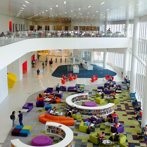 James V Hunt Library at North Carolina State University -Rain Garden Reading Lounge by Mal Booth, via Flickr Reading Lounge, Library Cafe, Library Architecture, North Carolina State University, School Interior, Library Furniture, Education Architecture, The Lobby, Rain Garden