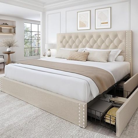 King Size Platform Bed Frame with 4 Storage Drawers and Headboard Linen Upholstered Bed Frame Tufted Beds with Wood Slats Support, Easy Assembly, Noise-Free, Beige

#homedesign #homedecor #housedesign #housedecor #room #roomdecor #roomdesign #interior #design #home #house #furniture #decor #bedroom #kitchen #livingroom Tufted Headboard Bedroom Full Size, King Size Beds With Headboards, King Bed With Queen Trundle, Beige Upholstered Queen Bed, Storage Tufted Bed, Beige Bed Frame White Furniture, Rooms Beds & Bed Frames, Wueen Size Bed Frame, Dreamy Room Beds & Bed Frames