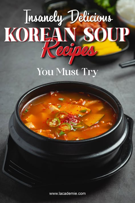 Korean soup recipes, one can expect to see a combination of bold flavors and hearty ingredients. From the fiery kick of kimchi stew to the mild and earthy taste of doenjang soup, these recipes showcase the rich culinary heritage of Korean cuisine. Meat or seafood serves as the main protein, while staples like gochujang, soy sauce, and mushrooms provide depth and richness. Korean Miso Soup Recipe, Korean Beef Soup Recipe, Spicy Korean Soup, Kimchi Soup Recipe, Korean Soup Recipes, Kimchi Soup, Korean Food Side Dishes, Gochujang Recipe, Korean Dumplings