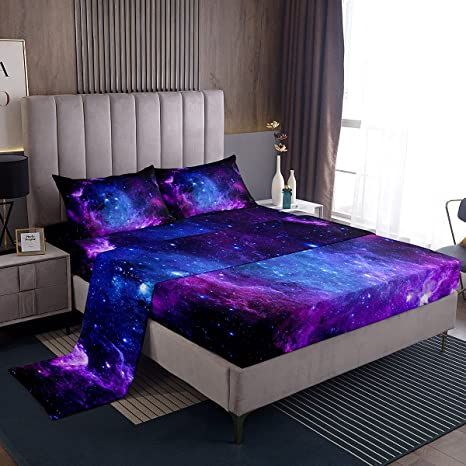 Galaxy Bedding, Space Universe, Purple Galaxy, Starry Sky, Fitted Sheet, Bedding Set, Bed Sheets, Universe, Bed