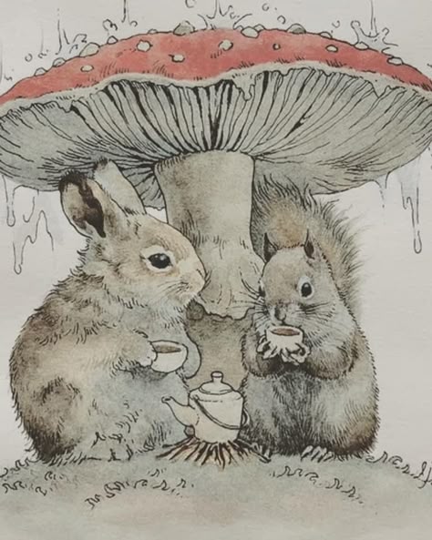 Akvarel Illustration, Illustration Kunst, Mushroom Art, Arte Animal, Woodland Creatures, Beatrix Potter, Art And Illustration, Squirrels, Whimsical Art