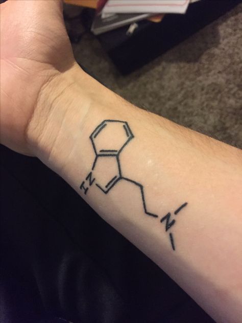 This is my own tattoo it's the chemical structure DMT (Dimethyltryptamine) Dmt Tattoo, Chemical Structure Tattoo, Nanoleaf Design Ideas, Dmt Molecule, Molecule Art, Modern Tattoo Ideas, Mother And Son Tattoo, Molecule Tattoo, X Tattoo