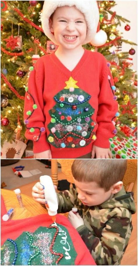 Ugly Sweater For Kids, Christmas Sweaters Ideas, Easy Ugly Christmas Sweater, Toddler Ugly Christmas Sweater, Making Ugly Christmas Sweaters, Boys Ugly Christmas Sweater, Homemade Ugly Christmas Sweater, Ugly Christmas Sweater Diy Funny, Festive Sweaters