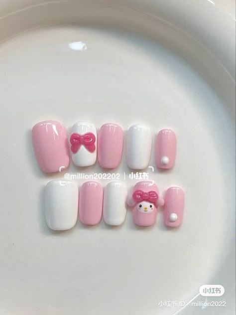 Sanrio Inspired Nails, Cute Nails Hello Kitty, Cute Sanrio Nails, Cheap Kawaii Clothes, Paznokcie Hello Kitty, Coquette Nails, Fashion Cottagecore, Cute Nail Polish, Harajuku Anime