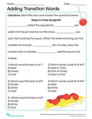 Next stop: Pinterest Transitional Words Worksheet, Ela 4th Grade, Writing Transition Words, Transition Words Worksheet, Transitional Words, Transition Sentences, Writing Transitions, Making Spaghetti, Resource Teacher